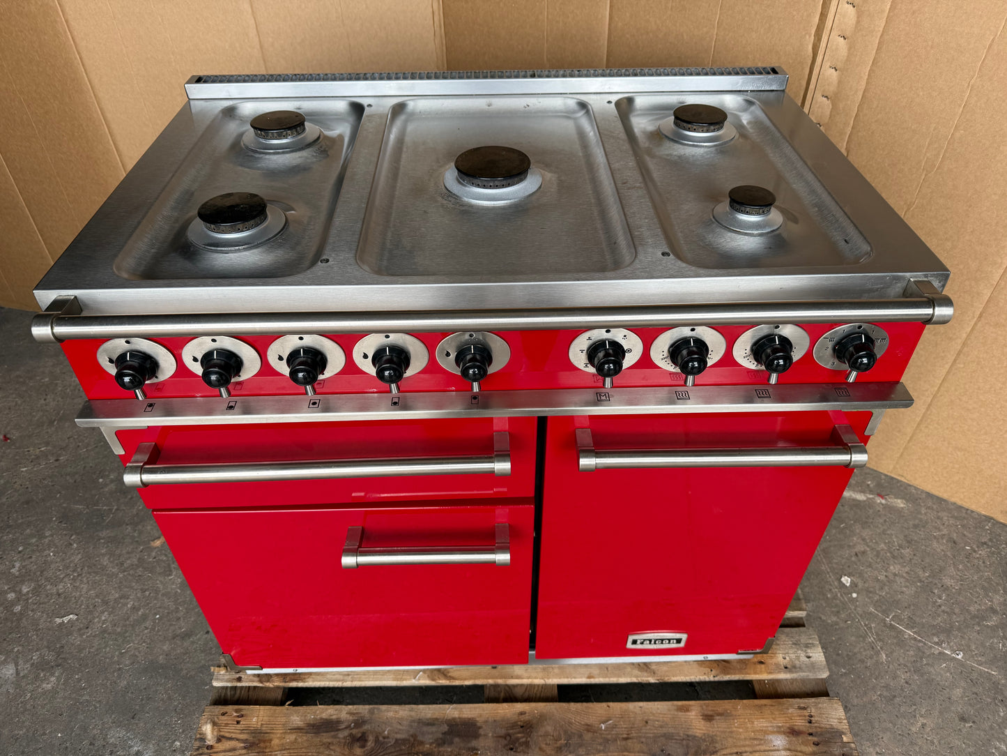 Falcon Deluxe 100 Dual Fuel cherry red with chrome handles