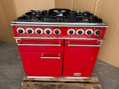 Falcon Deluxe 100 Dual Fuel cherry red with chrome handles