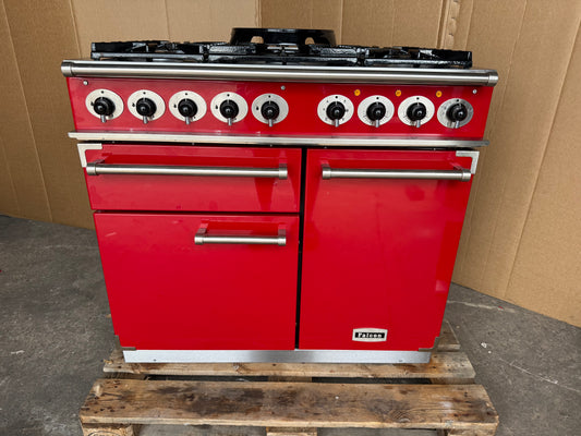 Falcon Deluxe 100 Dual Fuel cherry red with chrome handles