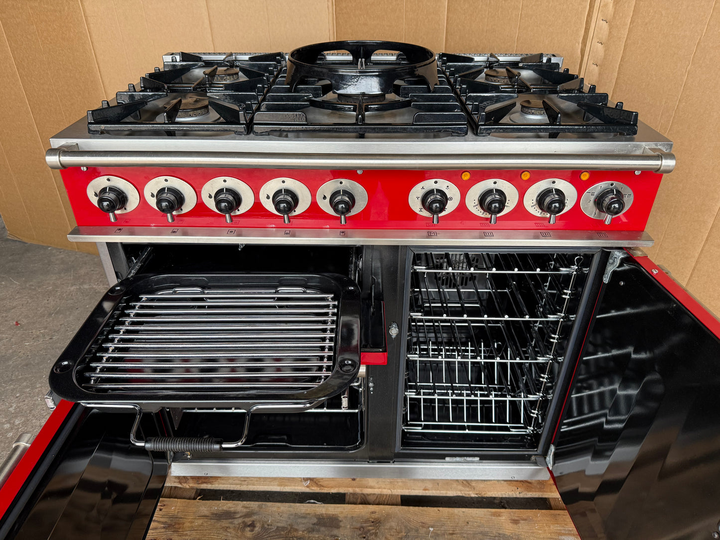 Falcon Deluxe 100 Dual Fuel cherry red with chrome handles