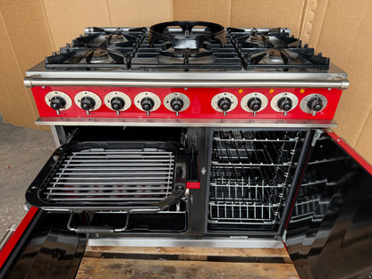 Falcon Deluxe 100 Dual Fuel cherry red with chrome handles