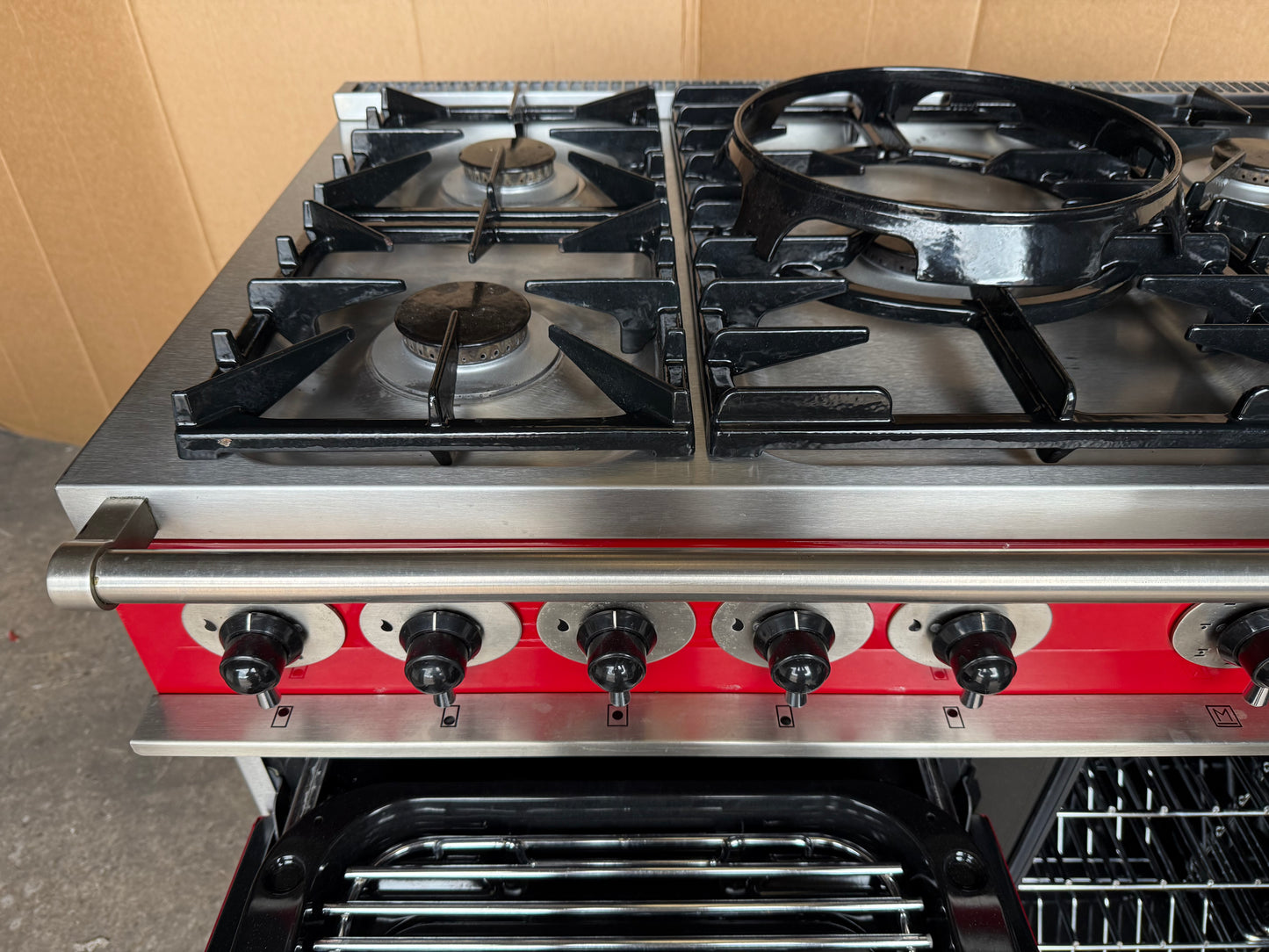 Falcon Deluxe 100 Dual Fuel cherry red with chrome handles