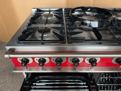 Falcon Deluxe 100 Dual Fuel cherry red with chrome handles